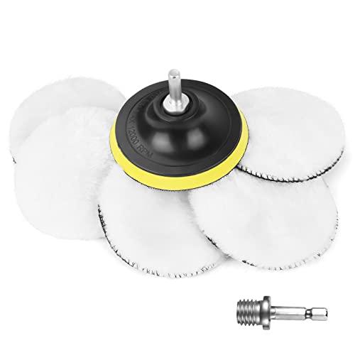 URAQT Kit 8 Pezzi di Lucidatura Auto, 100mm Tamponi per Lucidatura Auto, Tamponi Lucidatura Lana con M10 Adattatore Trapano e Adattatore Esagonale, Disco per Lucidatura Auto per Pulizia e Lucidatura.