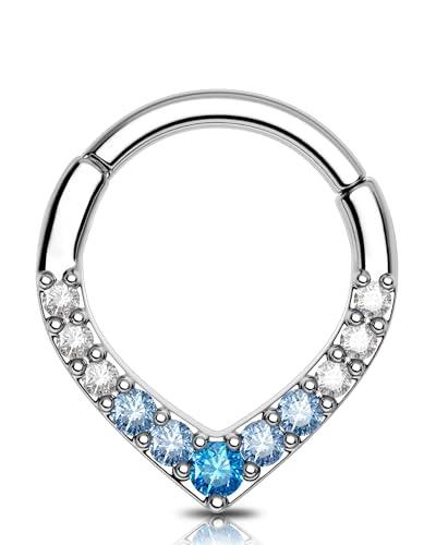 OUFER 16G Teardrop Septum Piercing Acciaio Chirurgico 316L 8 mm Septum Ring CZ Blu Piercing Helix A forma di V Daith Earring Clicker Orecchini Helix per Donna