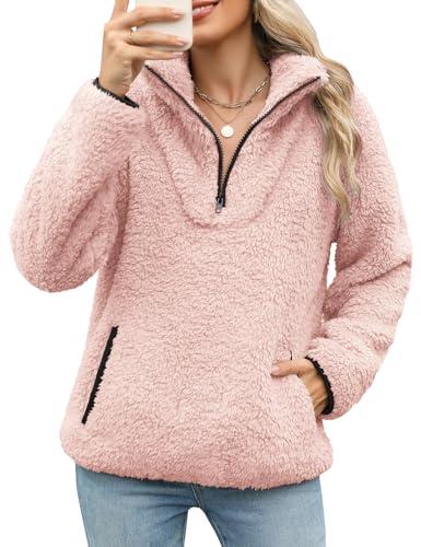 Tuopuda Donna Felpe Senza Cappuccio Pullover Pile Tops Termico Manica Lunga Felpe con Zip Tasche Maglione Caldo Autunno Invernali Sweatshirt Eleganti Hoodie Fleece Jumper Maglietta, Rosa, M
