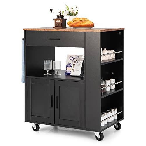 COSTWAY Carrello da Cucina con Ruote, Isola da Cucina con 3 Portaspezie 1 Cassetto Armadietto a 2 Porte, Carrello Portaoggetti con Portasciugamani, 82x46x92 cm (Nero)
