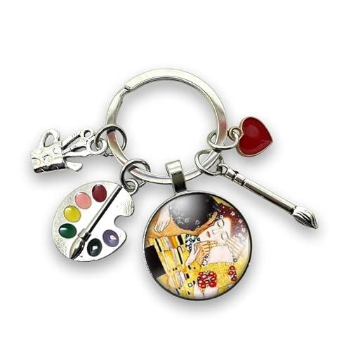 Regalo portachiavi « Il bacio » di Gustave Klimt, pittore, dipinto, tela con cabochon di vetro e ciondoli, tavolozza, pennello, pastello e cuore, creazione