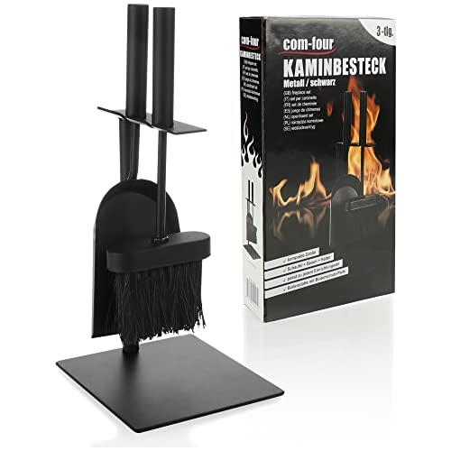 COM-FOUR® 3 pezzi Set camino nero in di dimensioni compatte in metallo, con pala, scopa e supporto, ideale per stufe (003 pezzi di posate)