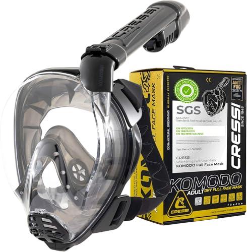 Cressi dal 1946-Komodo Full Face Maschera Integrale Dry da Snorkeling Visione a 180°-CO2 Sicuro-Silicone 100% Anti Appannamento-Snorkel Laterale-Cinghie Elastiche Regolabili-Nero/Nero-S/M