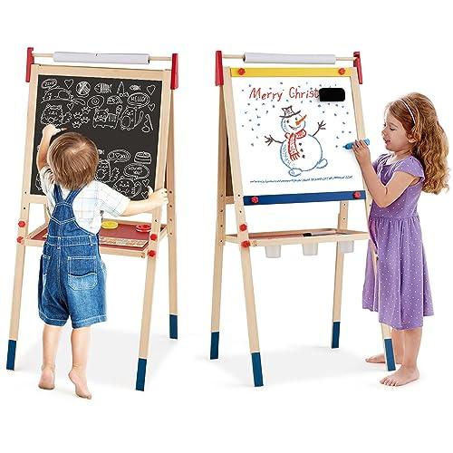 COSTWAY Cavalletto per Bambini 3 in 1, Lavagna Bifacciale, Cavalletto per Disegnare, con Rotolo di Carta, Lavagna Bianca Magnetica, Accessori Completi, in Legno (60x55x(112,5-124,5) cm)
