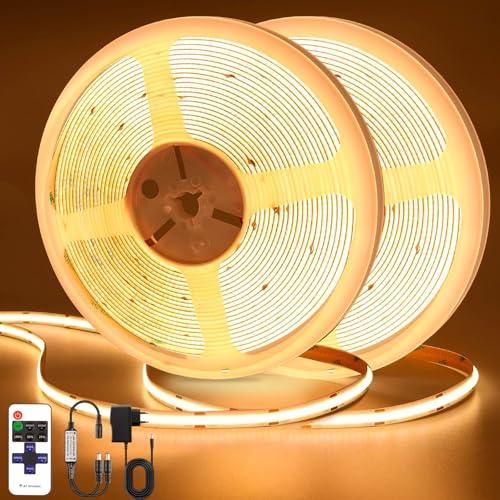 PSTAR Striscia LED COB 10M (5 Metri×2), 24V Strisce LED Dimmerabile Autoadesivo 2700K Bianco Caldo, 320LEDs/M Larghezza 8mm, con Telecomando e Alimentatore per Cucina, Soggiorno, Bar Feste