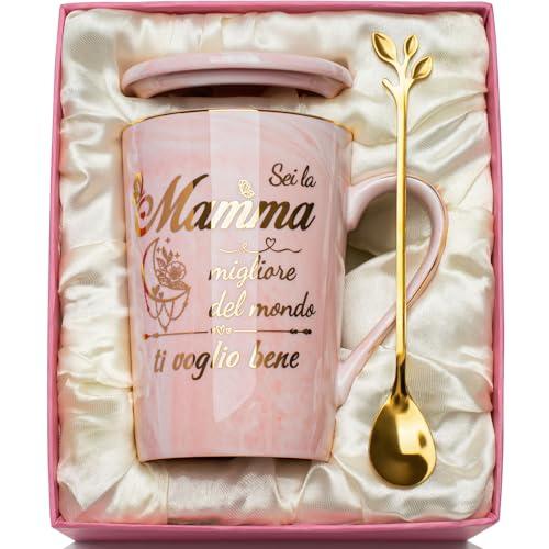 Regalo Festa Della Mamma Tazza 400ml, Regalo Mamma Compleanno, Regalo Mamm-a Ceramica Marmorizzata per Festa Della Mamm-a Idee Regal-o, con Coperchio, Cucchiaio, Biglietto, Confezione Regalo, Rosa
