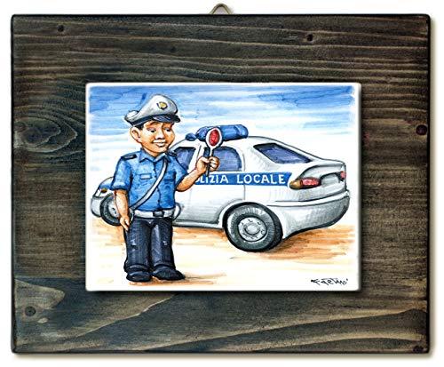 Polizia Locale - Idea regalo originale uomo - Quadretto con mattonella in ceramica realizzata a mano, dimensioni cm13x16. Made in Italy. Gadget mestiere e lavoro