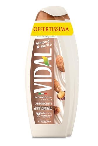 Vidal - Bagnoschiuma Almond & Karité, Formula Addolcente, con Olio di Mandorle e Burro di Karité, Dermatologicamente Testato, 2 Flaconi da 600ml