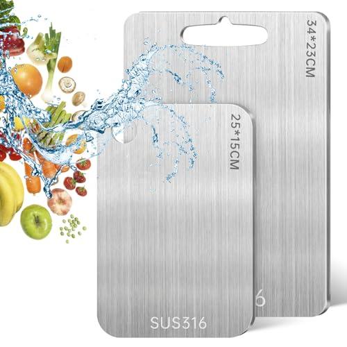 2 Pezzi Tagliere Acciaio Inox, Tagliere in Acciaio Inossidabile 316, Tagliere in Titanio Multifunzione, Tagliere Cucina per Uso per Carne, Frutta, Verdura(34 * 23cm+25 * 15cm)