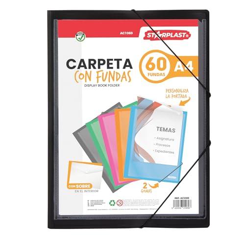 Starplast Cartelle con copertine - Cartelle in plastica, raccoglitore, porta documenti, chiusura elastica, formato A4, per uso scolastico e ufficio, 60 buste nere
