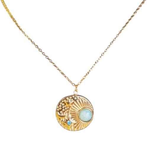 Collana Ciondolo Circolare Sole Luna Stelle Inciso Charm Acciaio Inossidabile Unisex Estiva Originale Con Pietra e Zircone Idea Regalo Originale Natale Donna Ragazza Rotondo Pietra (SS, Azzurro)