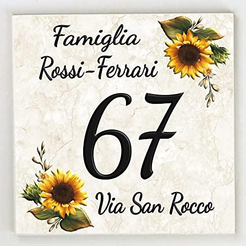 Numero Civico Targa Decorativa PERSONALIZZABILE,Numero Civico su Mattonella in Ceramica 15x15cm, 20x20cm con Indirizzo e Nome Famiglia Personalizzato,Numeri Civici Moderni.