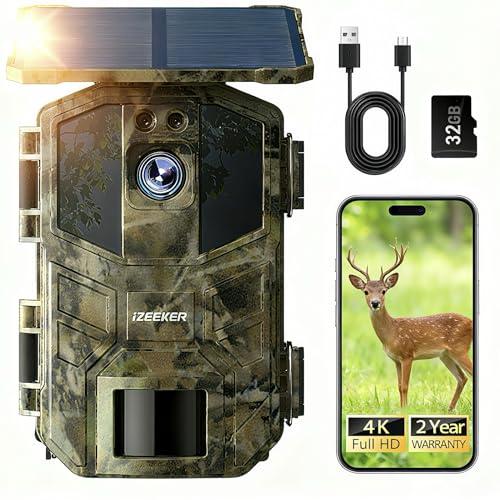 iZEEKER Solare WiFi Fototrappola 4K 64MP con Scheda Micro SD 32GB, Bluetooth Fototrappola con 5200 mAh Batteria, Visione Notturna, 0,1s Tempo di Scatto Attivato dal Movimento per Monitoraggio Fauna