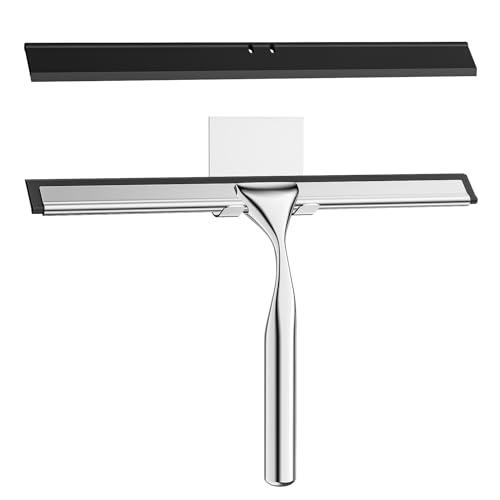 Radikor Tergivetro per Doccia, 25.5cm Pulisci Vetro Doccia Acciaio Inox con Gancio, Tergivetro Doccia Tergicristallo Doccia, tergidoccia per Finestre, Specchi, Bagno, Incl. 1 Labbro e 1 Gancio