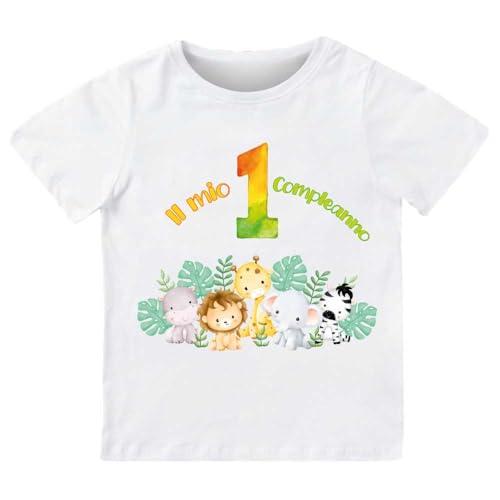 T-shirt in cotone adatto al compleanno 1 anno con tema giungla safari (Bianco, 1/2 anni)