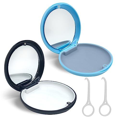 Porta Apparecchio Denti con Specchio, 2 Pz Porta Dentiera Portatile Contenitore per Apparecchio Ortodontico Vuota Scatola per Protesi Parziale con Strumento di Rimozione Dell'allineatore (Nero+Blu)