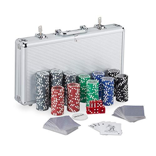 Relaxdays Valigetta Poker, 300 Chips Laser, 2 Mazzi di Carte, 5 Dadi, Dealer, Richiudibile & Portatile,Alluminio,Argento