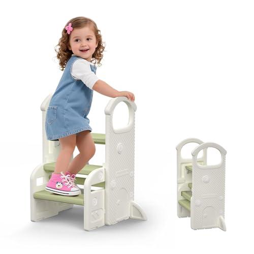hoopyosms Sgabello Bambini con Maniglie, Scaletta Regolabile a 2 o 3 Gradini, Compatta e Antiscivolo per Bagno, Cucina, WC e Lavandino(Verde)