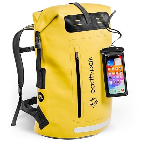 Earth Pak Zaino impermeabile con chiusura roll-top, tasca frontale, pannello posteriore imbottito e custodia per telefono, Giallo, 55L, Zaino da viaggio