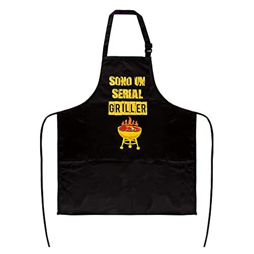 BETESSIN Grembiule da Cucina Uomo Divertente con Scritta Sono un Serial Griller Grembiule da Barbecue Idea Regalo per Papà Cuoco Chef Impermeabile Regolabile
