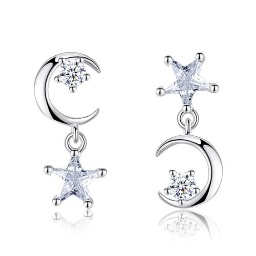 Star Moon - Orecchini asimmetrici con zirconi intarsiati scintillanti, accessori da donna, Misura unica, Acciaio inossidabile, Nessuna pietra preziosa