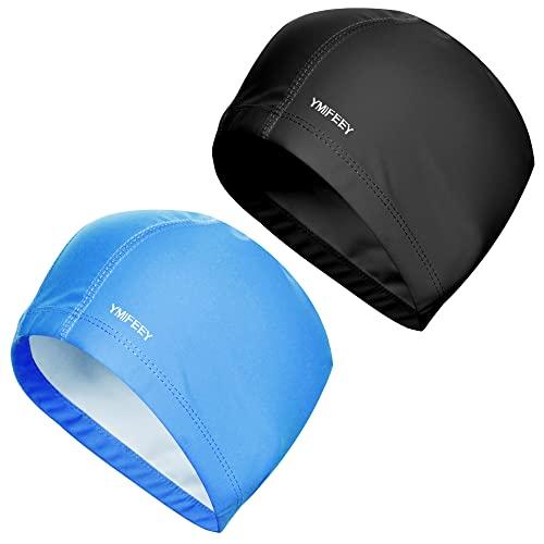 2 PezziCuffie da Nuoto Cuffia Piscina per Uomo Donna Cuffie Piscina Adulto Tessuto Cuffia da Bagno in Tessuto Impermeabile Elastico Protezione dei Capelli (Nero+Blu Reale)