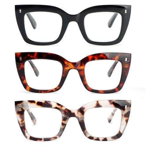 KoKoBin 3 confezioni di oversized occhiali da lettura quadrati da donna, anti luce blu con cerniere a molla occhiali (3 Pack, 2, Diottria)