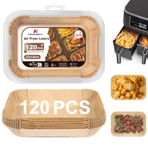 KitchenBoss Carta Forno per Friggitrice ad Aria: 120 Pezzi Rettangolare Carta Forno Fogli 22 x 14cm, Antiaderente Impermeabile Antiolio Air Fryer Accessori Compatibile con Ninja AF300EU AF400EU