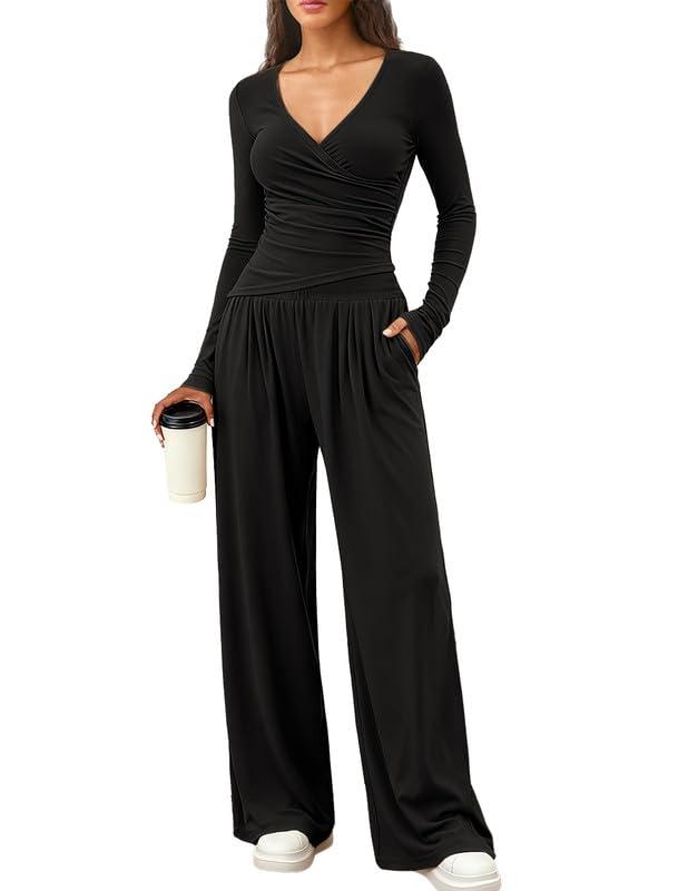 Sukiglam Tuta Donna Casual 2 Pezzi Completi Sportiva Maniche Lunghe Scollo a V Wrap Top e Pantaloni a Gamba Larga con Tasche Slim Fit Tute da Ginnastica Lounge Set per Jogging Yoga Fitness Autunno