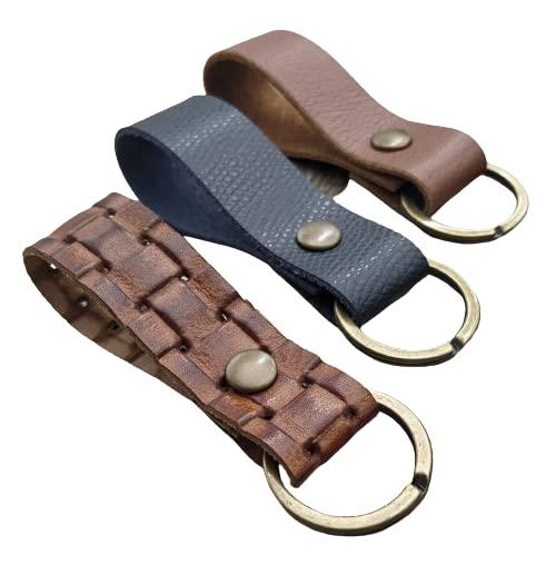 3 X Portachiavi in Vera Pelle Preggiata, 3 Pezzi Portachiavi in Cuoio Nero, Marrone e Intrecciato, Portachiavi Uomo Donna, idea regalo Aniversario