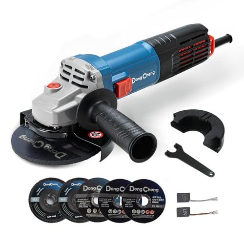 DongCheng Smerigliatrice angolare 1100 W, 125 mm, velocità a vuoto: 11.800 min-1, copertura a sgancio rapido, impugnatura aggiuntiva, 2 dischi abrasivi e 2 dischi da taglio