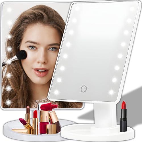 Retoo Specchio Cosmetico con Illuminazione LED, Rotazione Completa 360°, Inclinazione Regolabile 180°, Base Stabile con Ripiano per Accessori, Miroir da Trucco Elegante per Bagno e Toilette