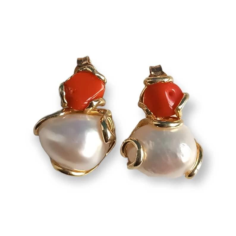 Orecchini al Lobo in Argento 925 Placcato Oro con Perle di Fiume e Corallo del Mediterraneo