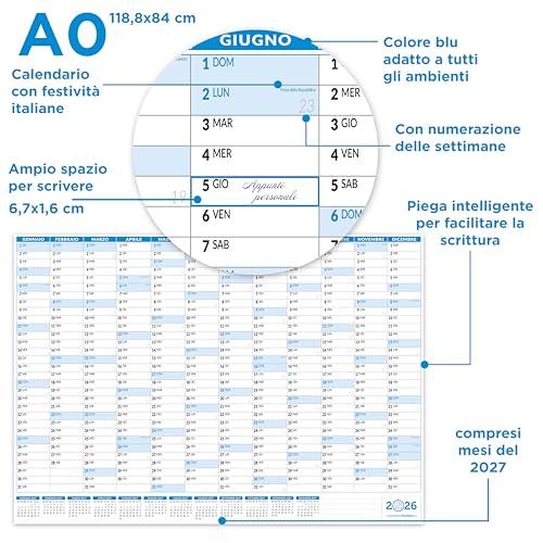 Calendario 2026 da Muro 118 x 84 cm Planner | Positivo | Piegato | Formato da Parete Maxi A0