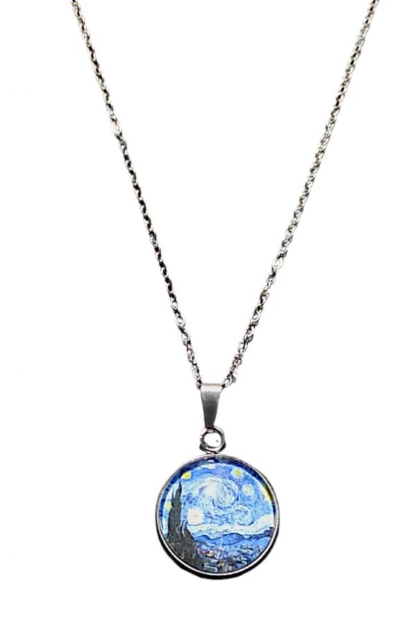 Collana Dipinti 20 mm Cabochon, Idea Originale per Regalo Natale, Fatto a Mano, Gioielli Donna mm 20 (Argentato, Notte stellata)