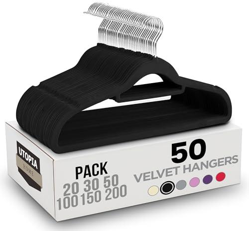 Utopia Home Grucce antiscivolo di alta qualità, resistenti in velluto con fermacravatta – Forte, salvaspazio, per camicie, giacche, abiti (nero, confezione da 50)