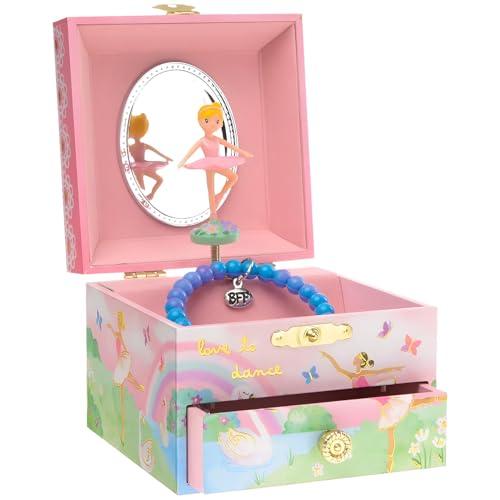 Jewelkeeper - Portagioie Musicale con Carillon Ballerina Roteante, Design Unicorno Arcobaleno con Cassetti - Realizzato in Fibra di Pino, Fodera Lavabile - 10.8 x 10.8 x 8.9 cm - Colore Pastello