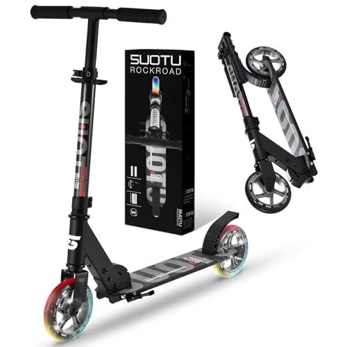 SUOTU Monopattino con 2 Ruote luminose da 145 mm, Pieghevole, Regolabile in Altezza, Scooter per Bambini 3-12 Anni, Alluminio (Nero)