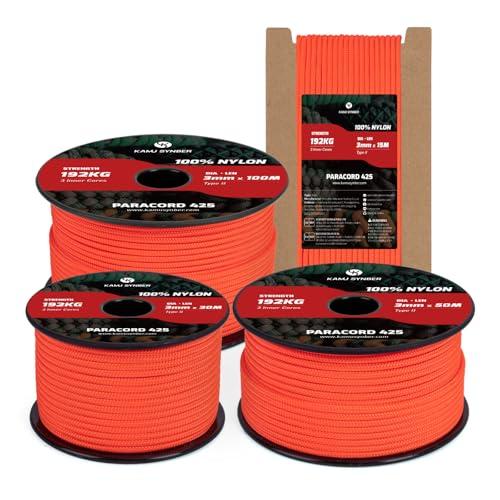 Kamu Synber 425 Paracord 3mm x 30m Corda Nylon 100% Tipo II 3 Fili Corda Paracadute Resistente per Sopravvivenza, Esterno, Fatto a Mano | Supporto 192kg | Arancione Neon