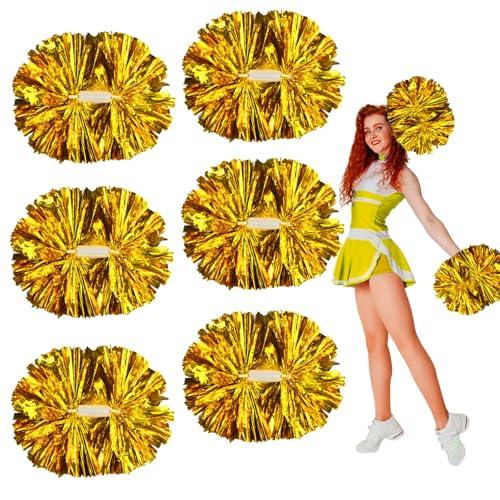 Zankubom 6 pompon da cheerleader in oro metallizzato, 30,5 cm, con manico a bacchetta, palla da cheerleader, per scuola, squadra, sport, danza, tifo, tifo, per bambini e adulti