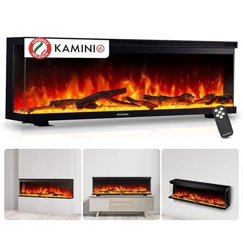 KAMINIO Camino elettrico LEA - Caminetto 3-in-1 con vista panoramica, riscaldamento, effetto fiamma 3D, 12 colori di fiamma, telecomando (60 pollici)