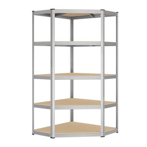 SONGMICS Scaffale Angolare a 5 Ripiani, Scaffalatura ad Angolo in Acciaio per Carichi Pesanti, per Garage, Ripostiglio, Magazzino, Portante 875 kg, Argento Pallido e Beige Naturale GLR080E01