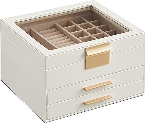 SONGMICS Scatola Portagioie, per Natale, 3 Livelli, Coperchio in Vetro, Porta Gioielli e Accessori Grandi, Moderno, Bianco Nuvola e Dorato JBC239WT