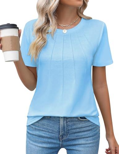 Chicrise T Shirt Donna Estivo Manica Corta Plissettato Maglietta Scollo Rotondo Elegante Casual Moda Top Azzurro Small 34-36