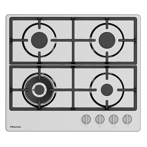 Hisense GM663XHFSI Piano Cottura a Gas, 4 Zone di Cottura, larghezza 60 cm, Bruciatore Wok Doppia Corona e Griglie in Ghisa, Accensione Integrata, Inox Anti Impronta 60x52x8,9cm