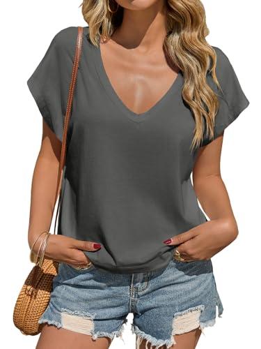 Tankaneo - Maglietta da donna con scollo a V profondo, a maniche corte, casual, estiva, basic, t-shirt, top, tinta unita, grigio scuro, M