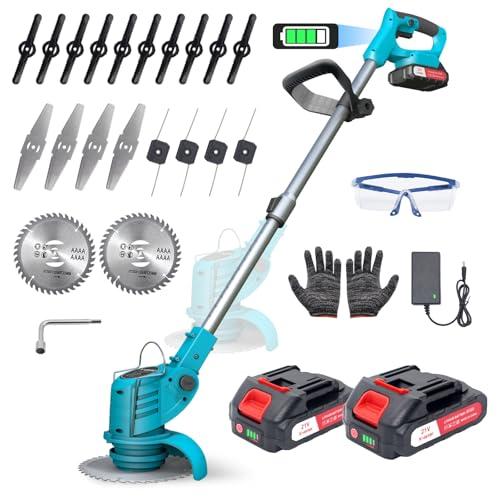 Decespugliatore a Batteria, Tagliaerba Elettrico a Batteria 800W, Tagliabordi Batterias con 2 x21V Batterie, Taglia Erba da Giardino Elettrico con 4 Tipi di Lame, Maniglia a Scomparsa 71-106 cm