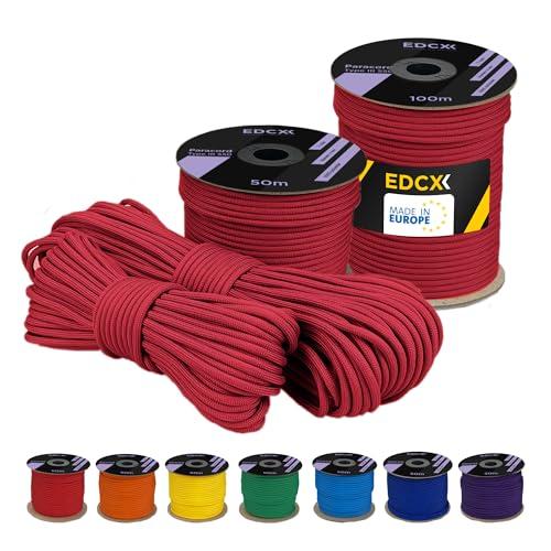 EdcX Poliestere Paracord 550 (15, 30 e 50 m) – 4 mm Tipo III, Cavo per Paracadute Resistente allo Strappo per la Sopravvivenza in 100% Poliestere con 7 Fili | Colori a Tinta Unita (Red, 50 m)