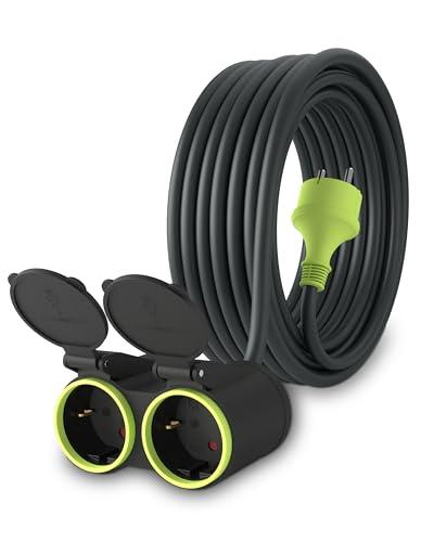 MutecPower 10m Cavo di prolunga con 2 prese Schuko per uso esterno IP44 H05RR-F3G 1,5mm² doppia prolunga con 2 prese con contatti di protezione cavo in gomma da esterno 10 metri nero/verde