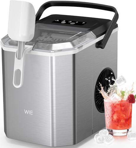 WIE Macchina Ghiaccio, 1.5L Macchina del Ghiaccio, 9 Cubetti di Ghiaccio in 6 Minuti, con Maniglia/Cestello/Pala/Silenzioso, Acciaio Inossidabile